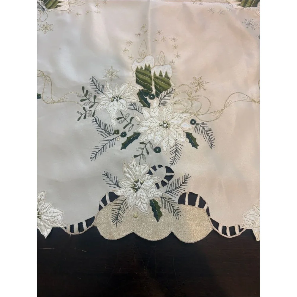Embroidered Ivory and Green Christmas Candle Tablecloth